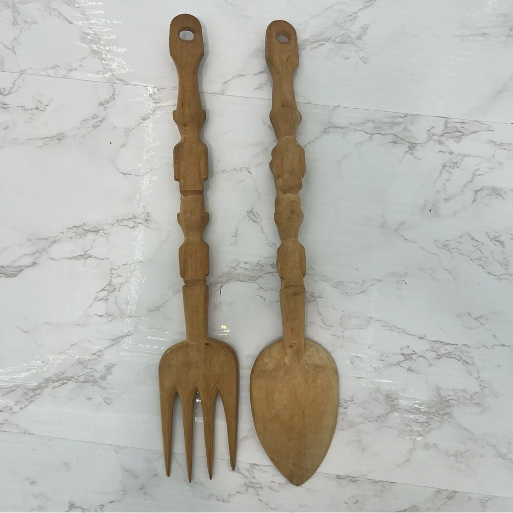 VINTAGE MCM hand carved wooden tribal tiki salad serving SPOON & FORK